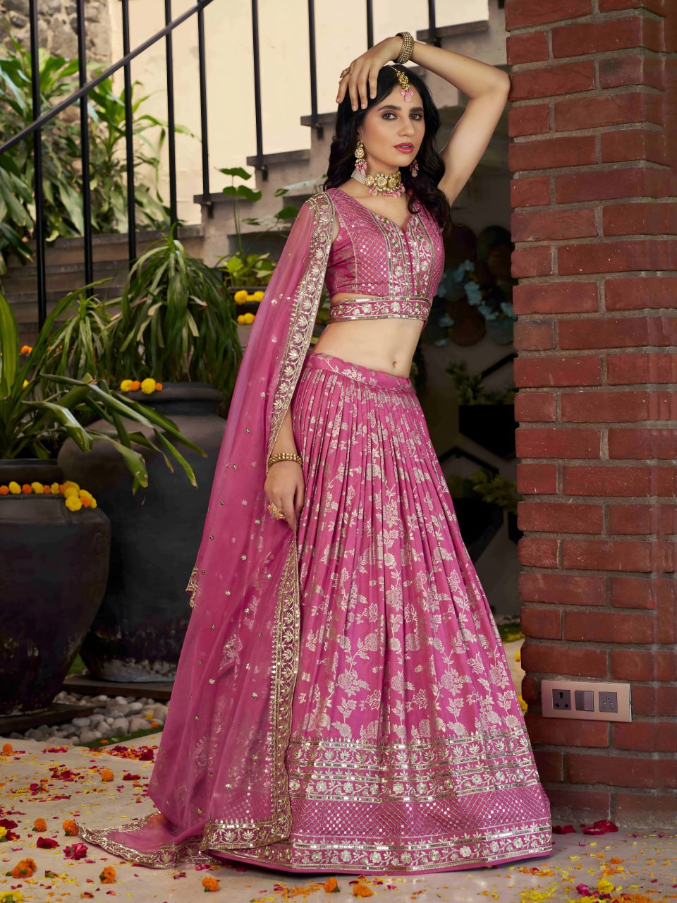 Wedding wear pink color lehenga price