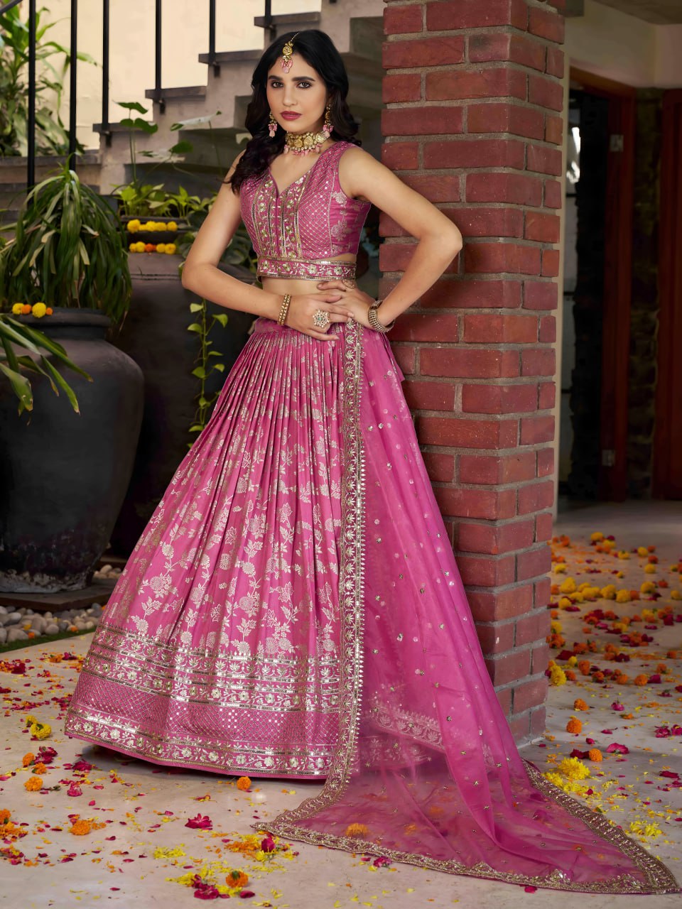 Pink dola silk jacquard chaniya choli UK