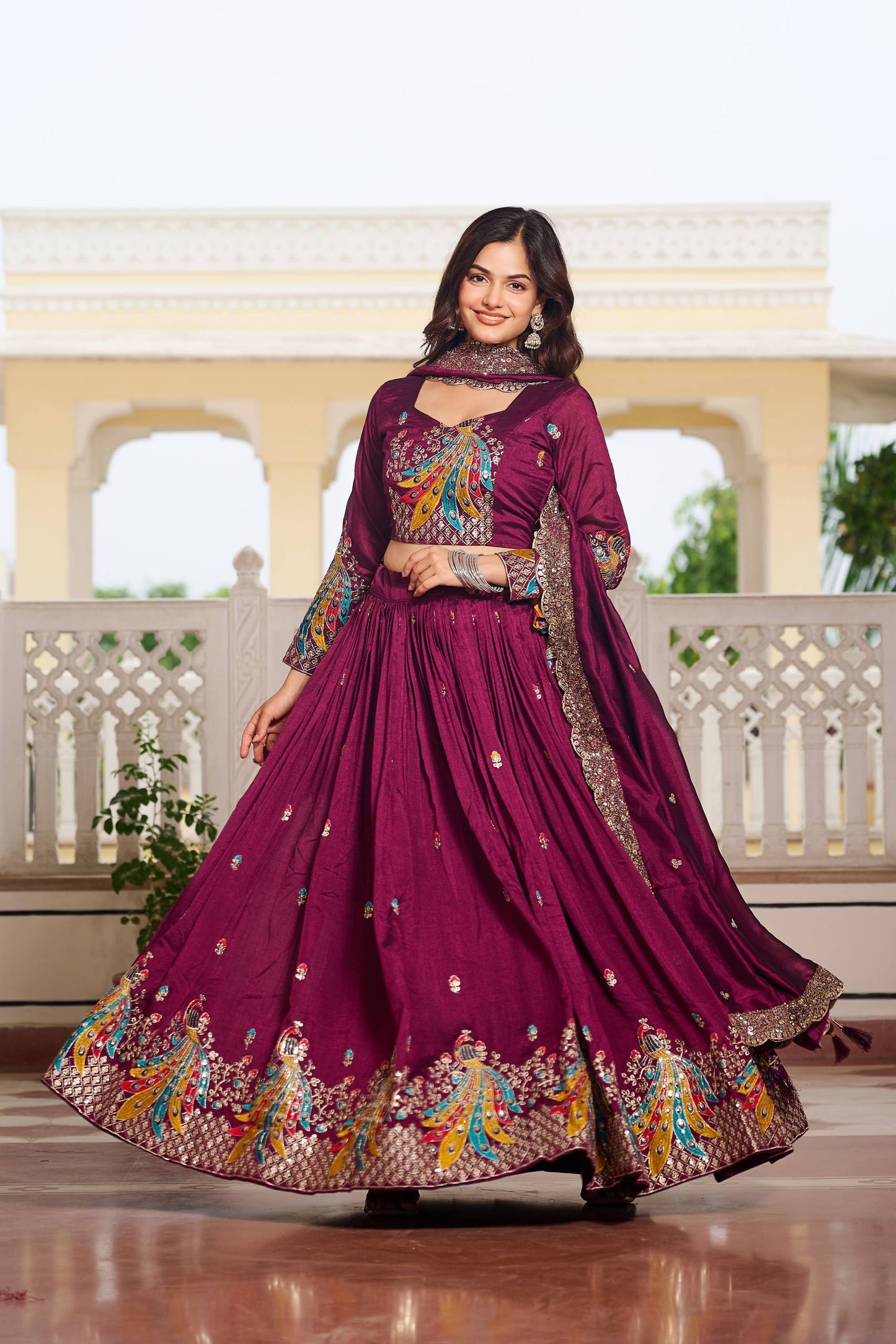 Readymade wine color vichitra lehenga choli
