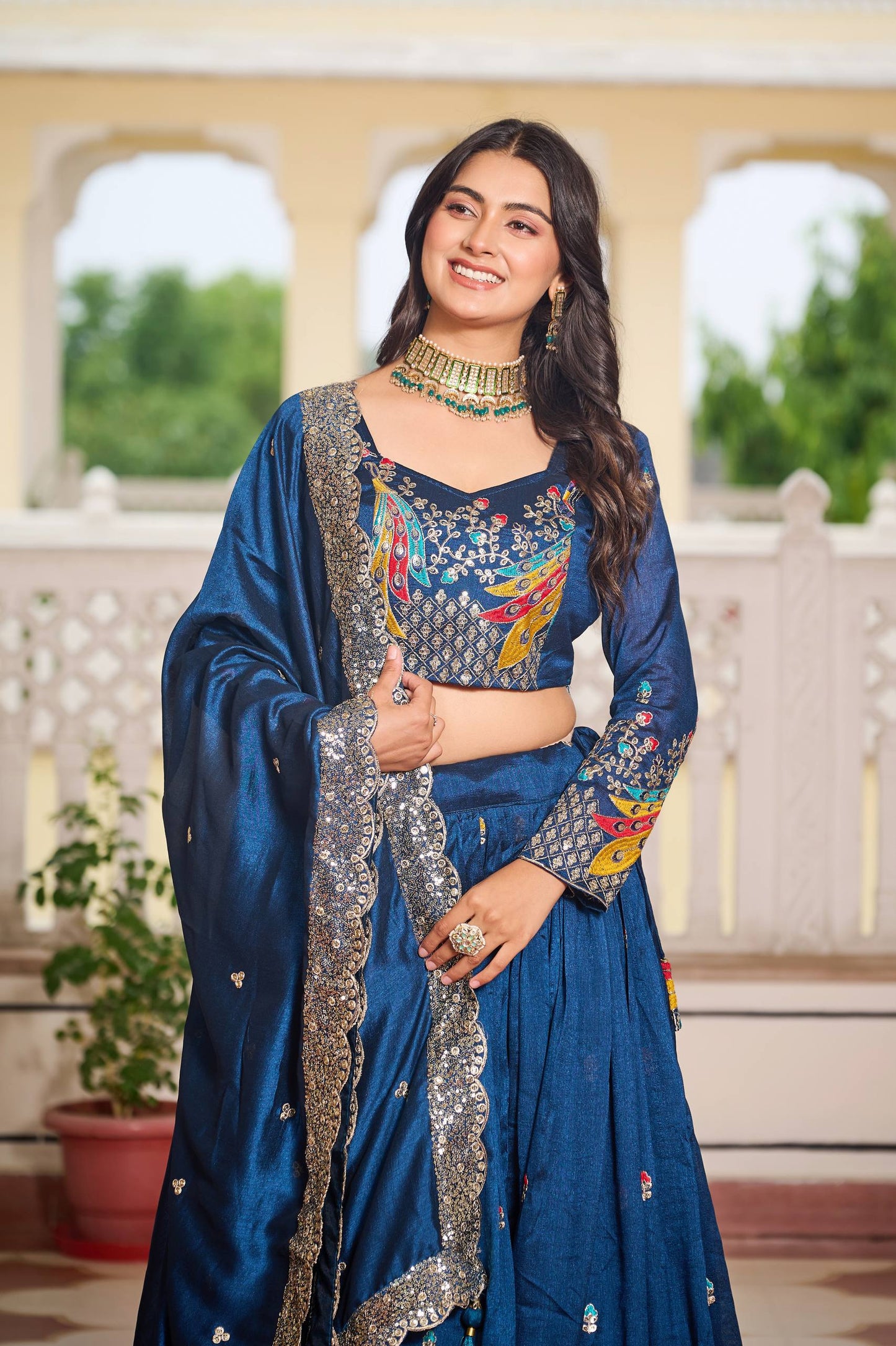 Rama color vichitra lehenga choli for party