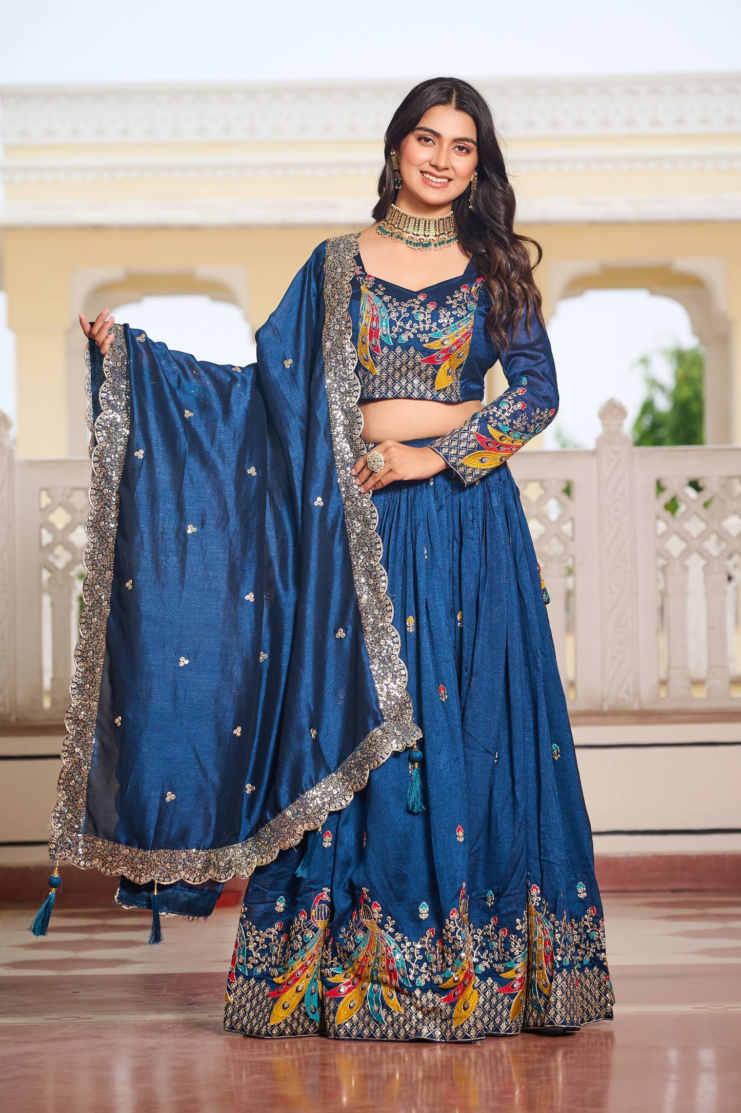 Rama color embroidery work ghagra choli price