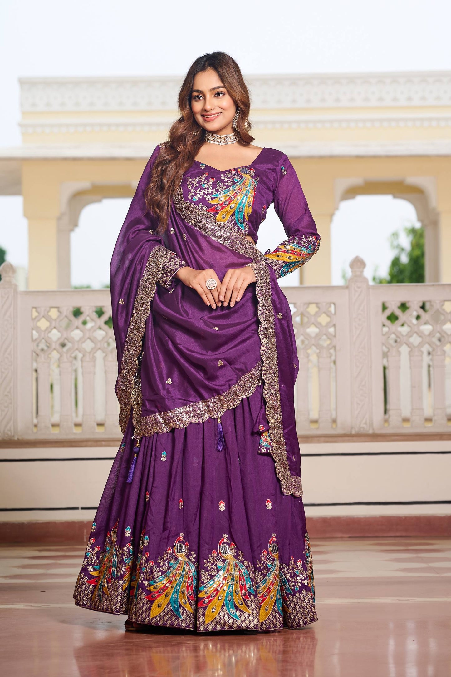 Purple color vichitra lehenga choli for wedding