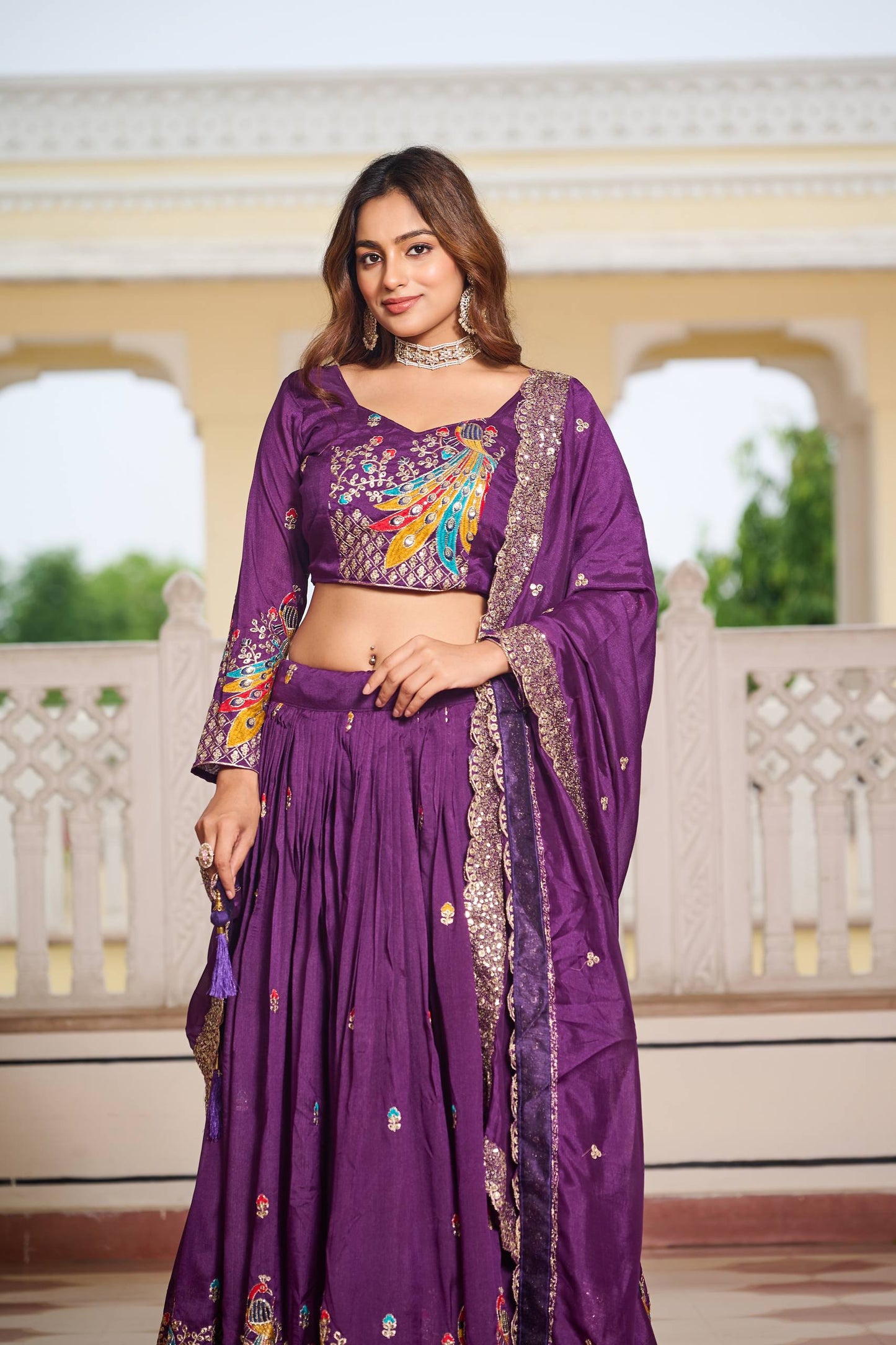 Purple color vichitra lehenga choli for women online