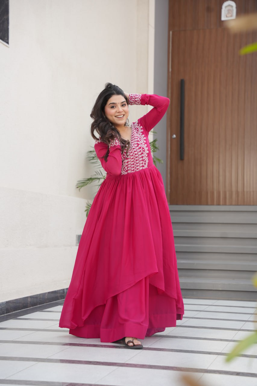 Long sleeve pink colour gown for wedding