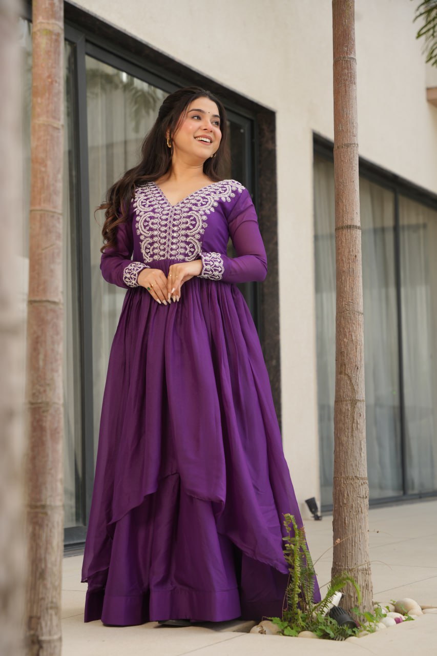 Long sleeve purple colour gown for wedding