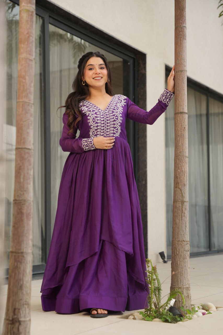New Partywear Georgette Embroidered Anarkali Gown Purple / L(40) New Partywear Georgette Embroidered Anarkali Gown Purple / L(40)
