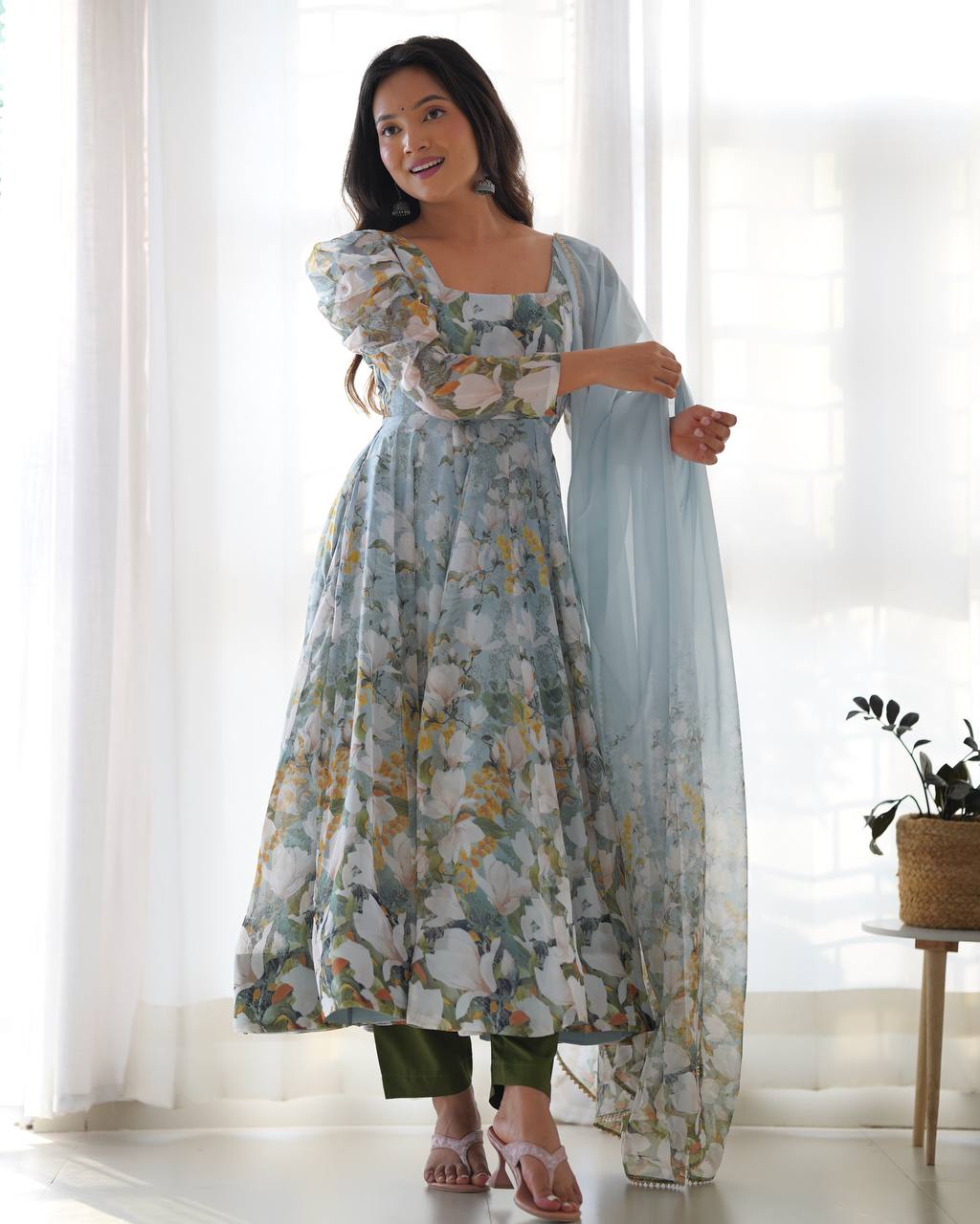 Stylish Casual Wear Organza Silk Printed Green Gown