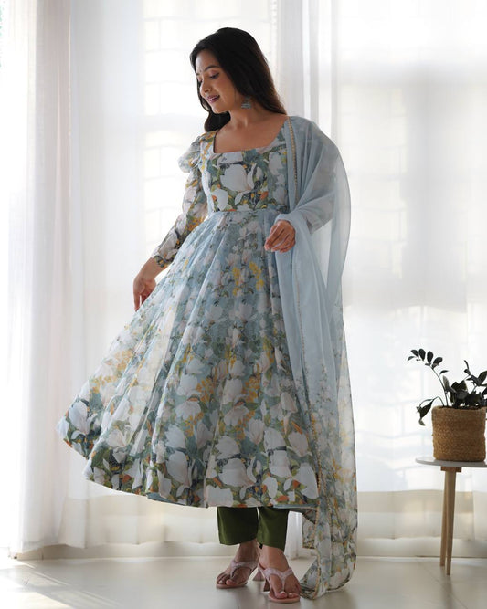 Stylish Casual Wear Organza Silk Printed Green Gown
