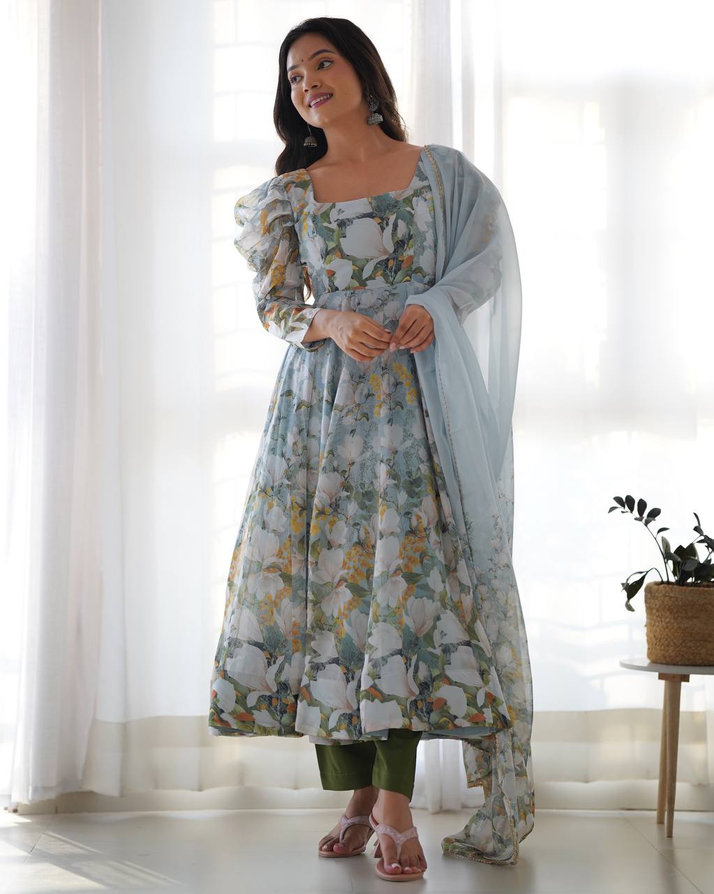 Stylish Casual Wear Organza Silk Printed Green Gown
