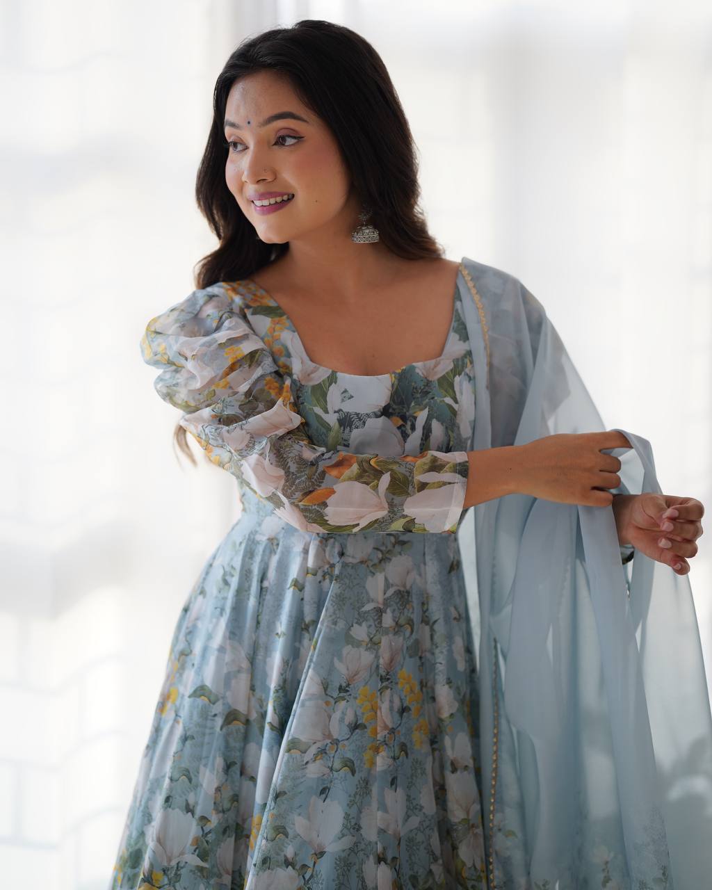 Stylish Casual Wear Organza Silk Printed Green Gown