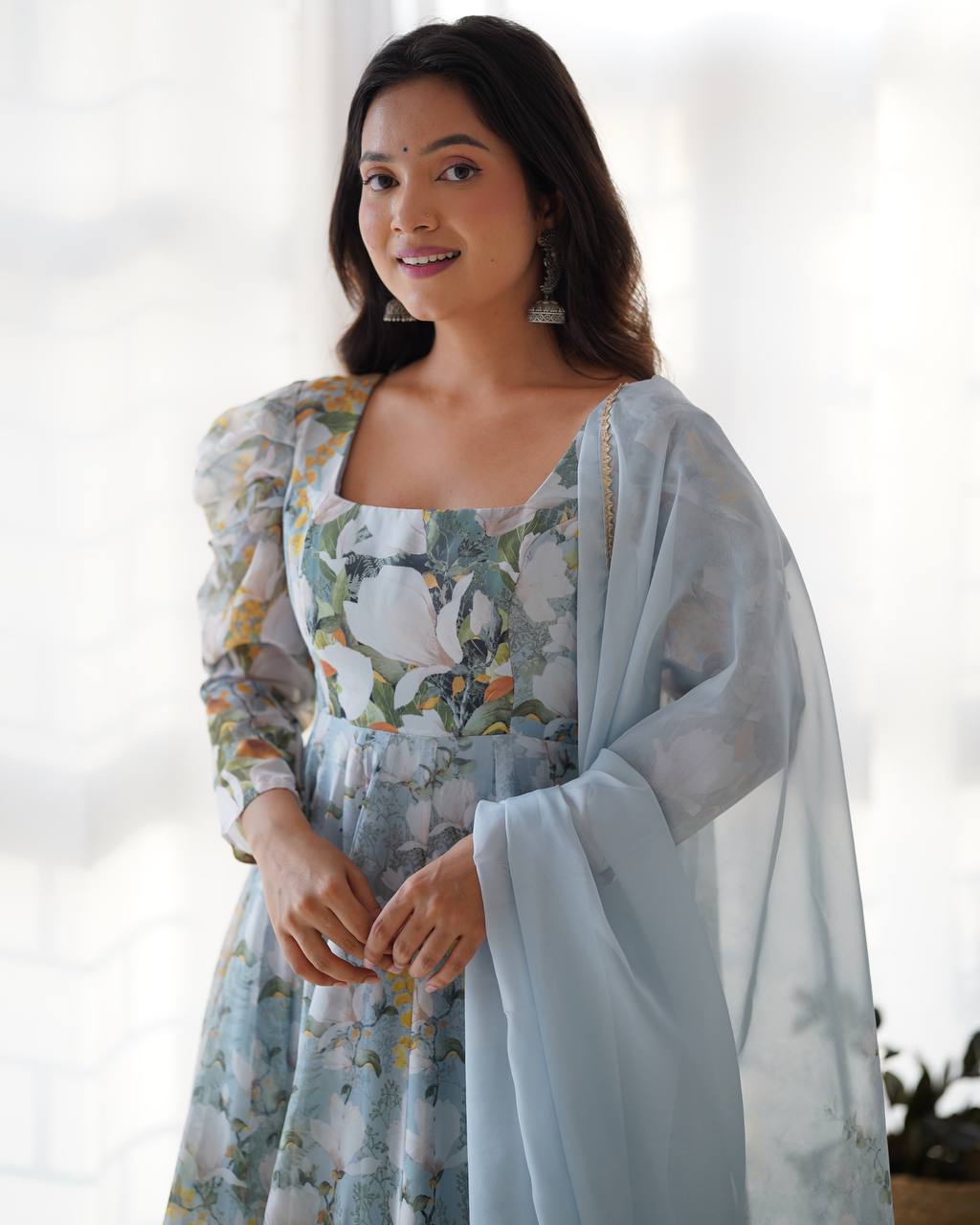 Stylish Casual Wear Organza Silk Printed Green Gown
