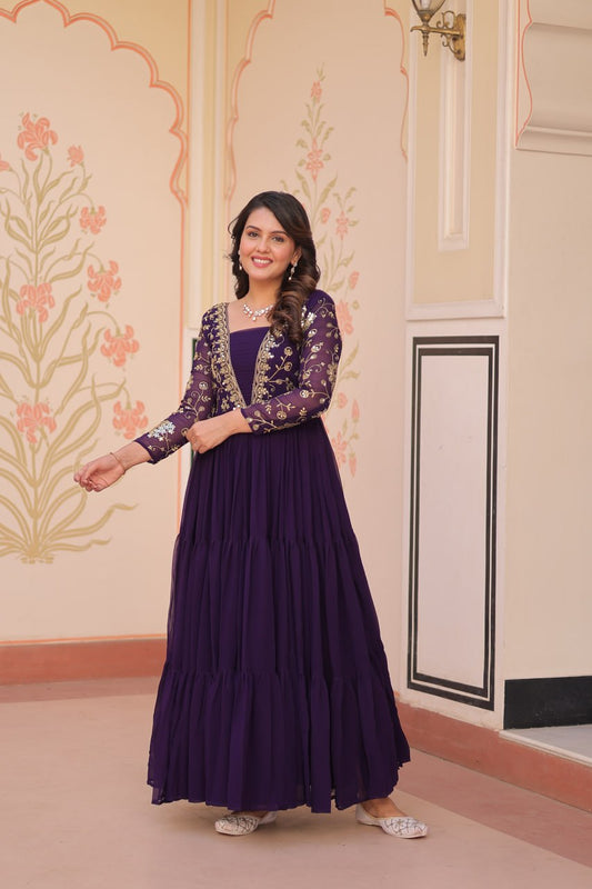 Purple color faux blooming gown for women