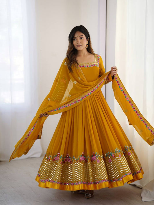 Wedding yellow georgette gown with dupatta