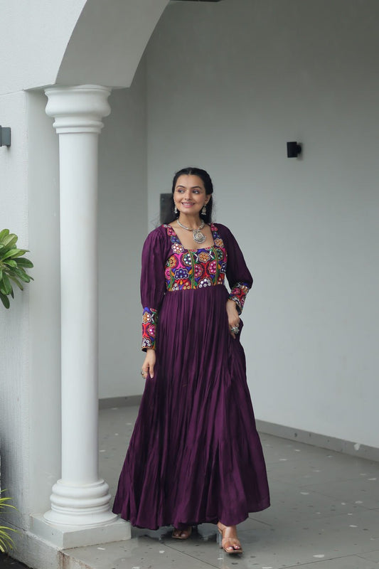 Maxi wine color rayon navratri gown for women