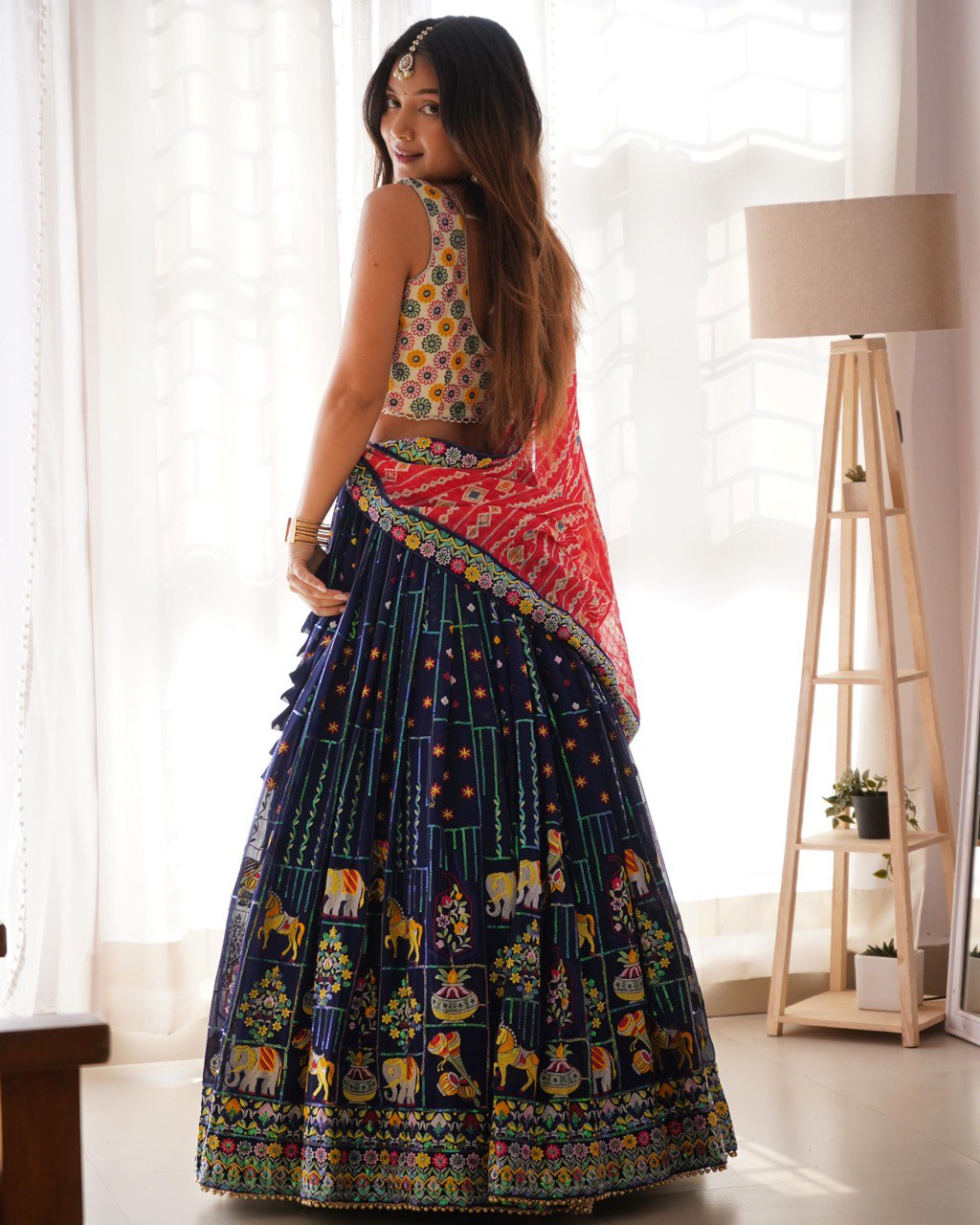 Navy blue color thread work lehenga choli with dupatta