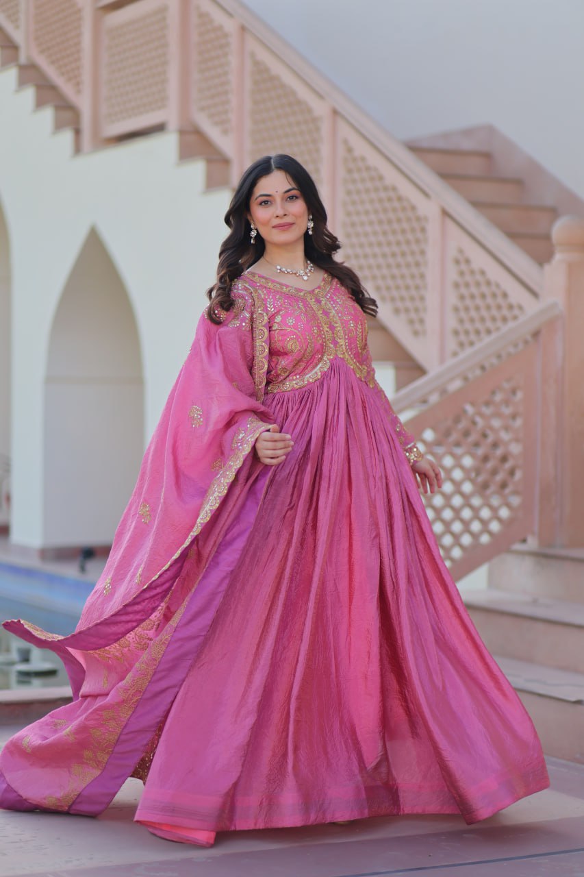 Maxi pink color gold crush gown for women