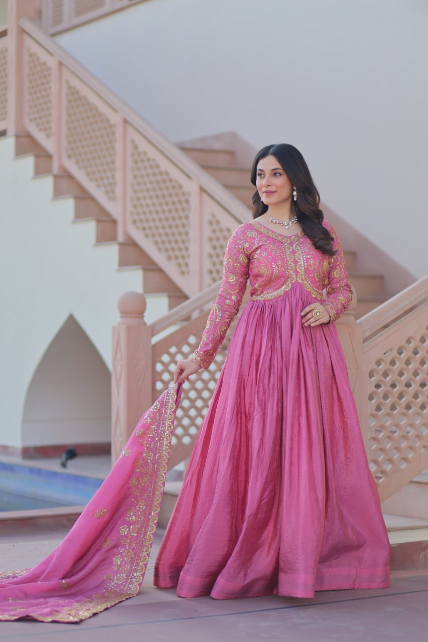 Long pink color gold crush gown for women