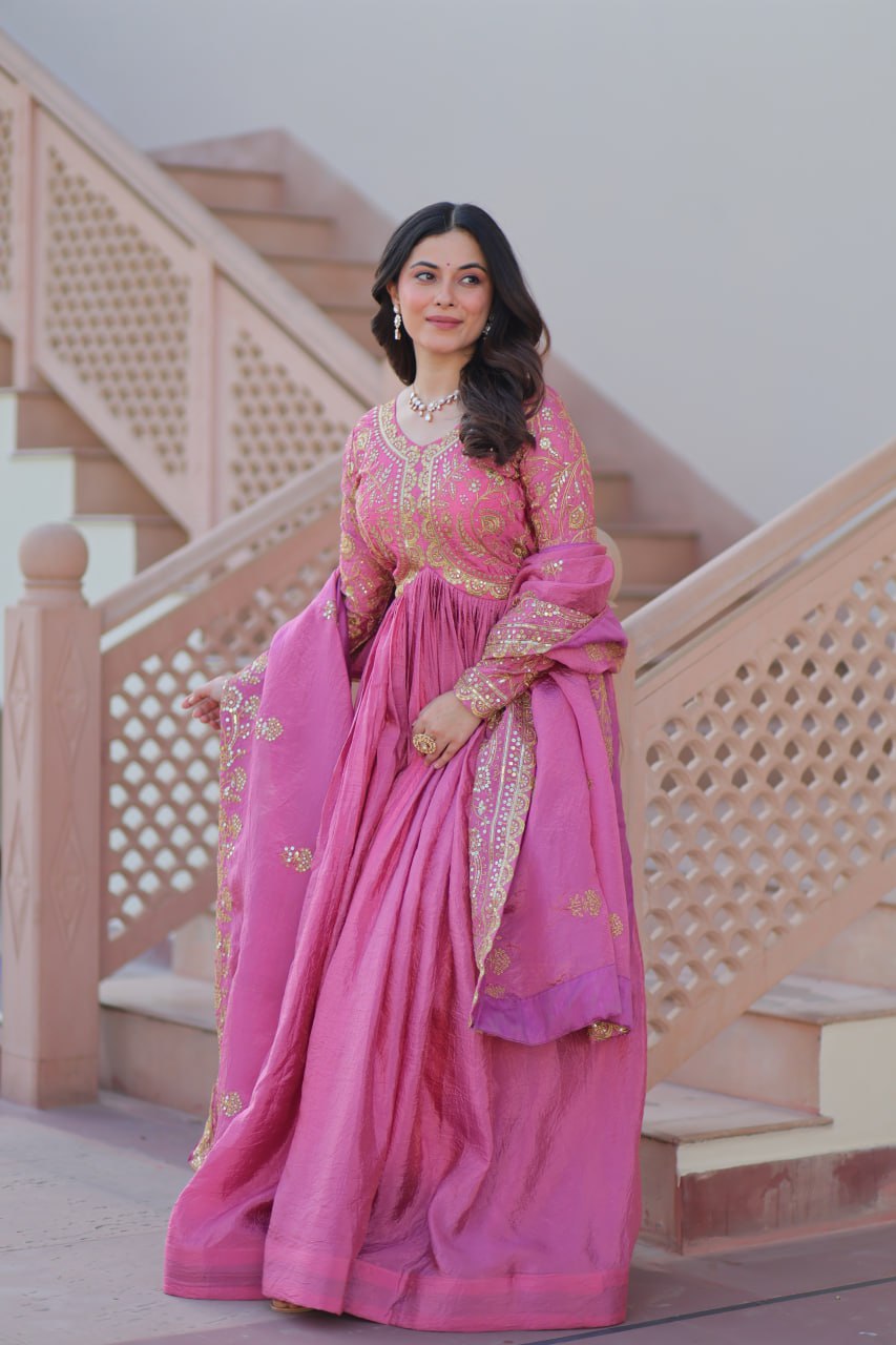 Long sleeves pink color gold crush gown with dupatta