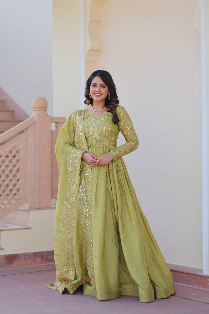 Green color gold crush gown