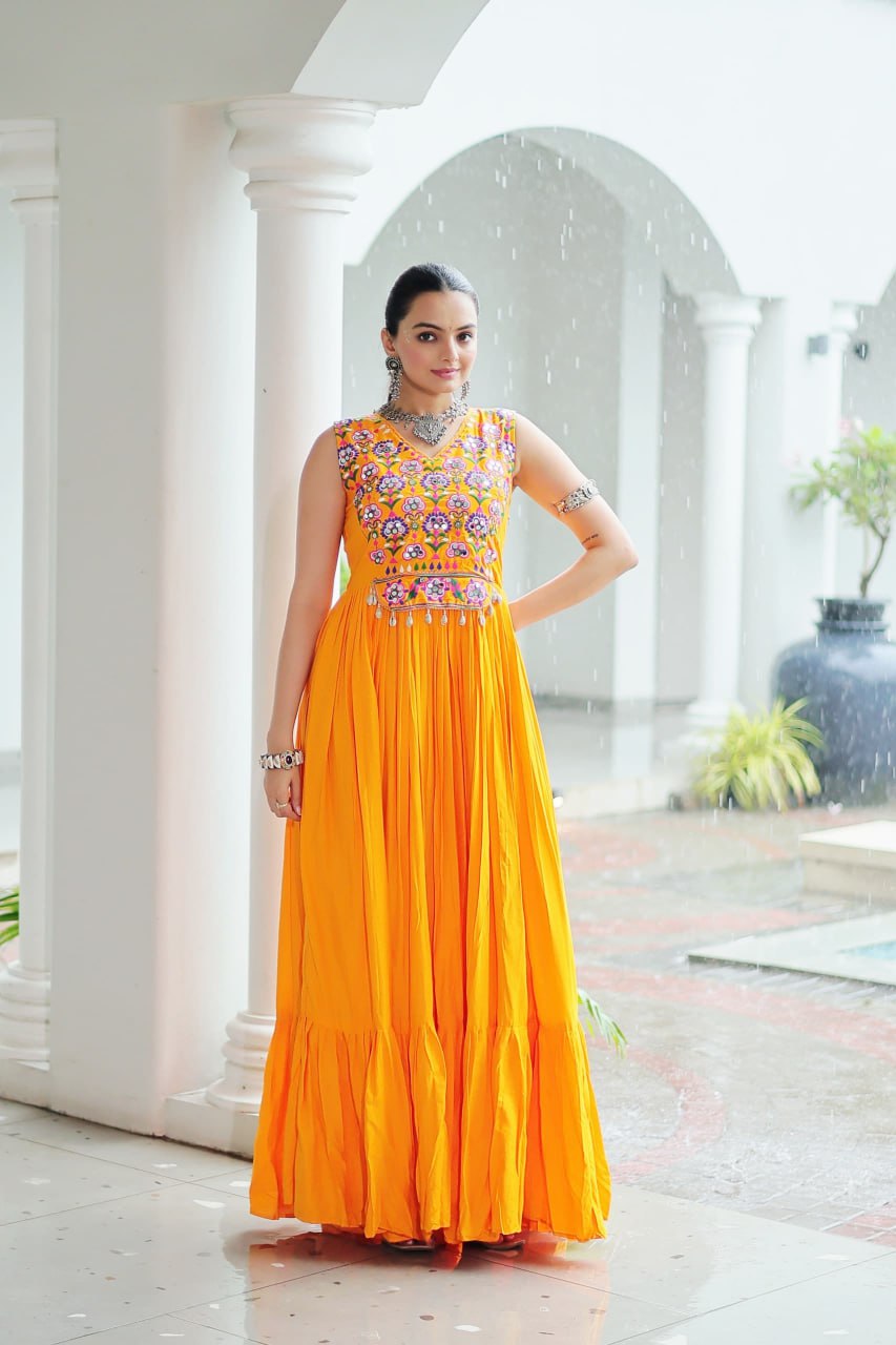 Maxi yellow color rayon navratri gown for women price