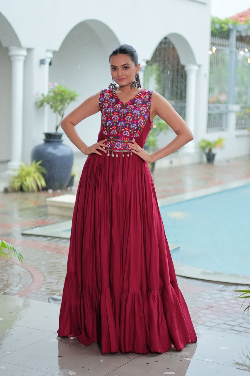Maroon color garba wear gown