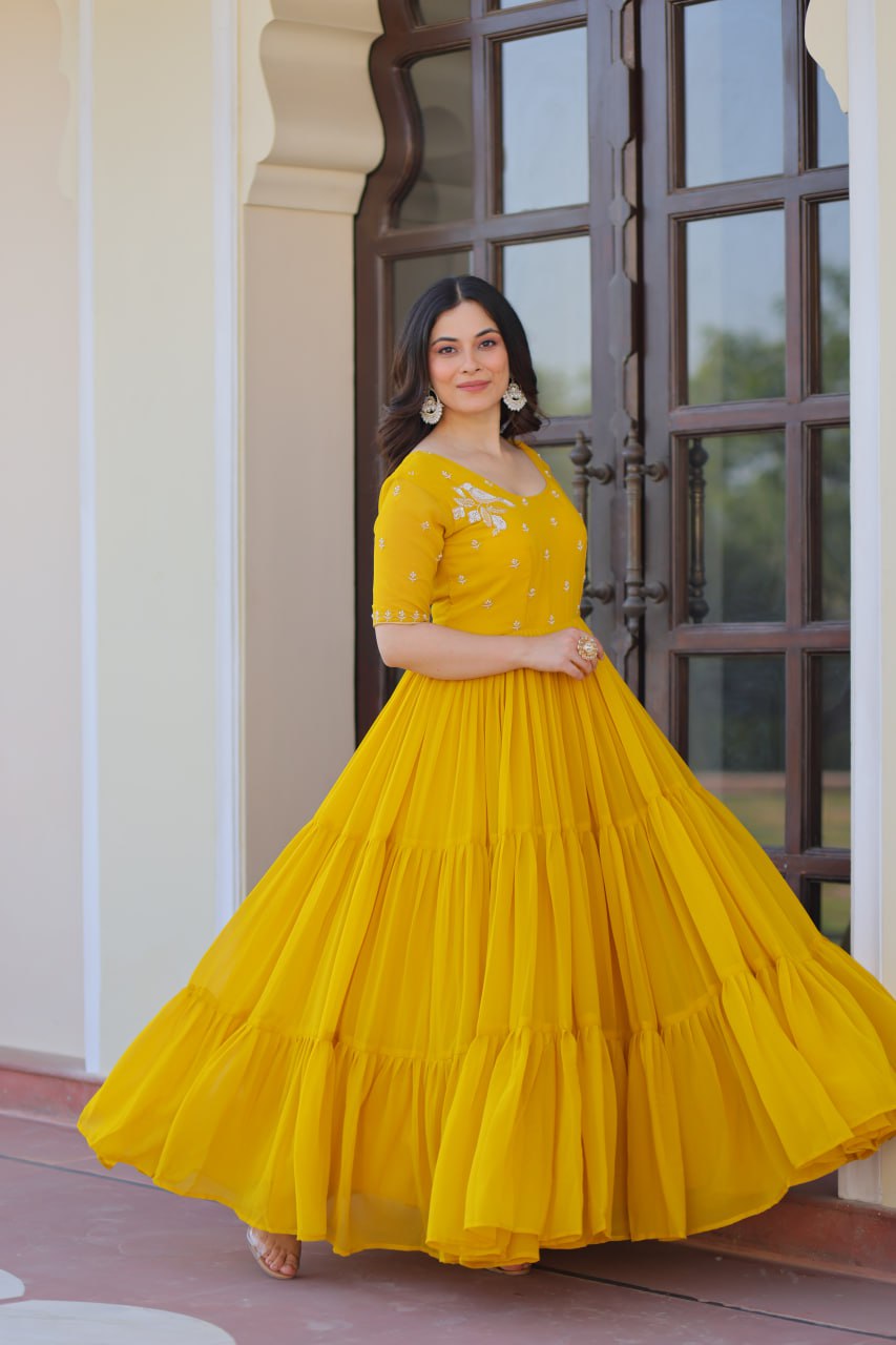 Yellow color faux blooming gown