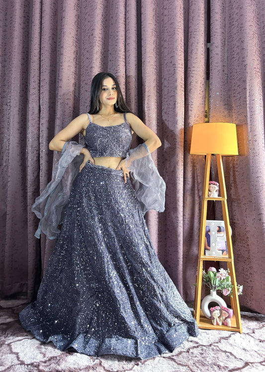 Grey color velvet lehenga choli