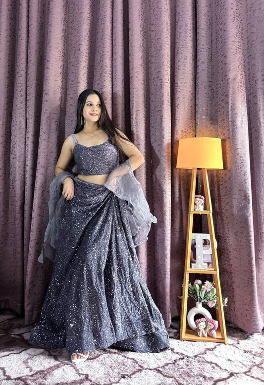 Grey color velvet lehenga choli with dupatta
