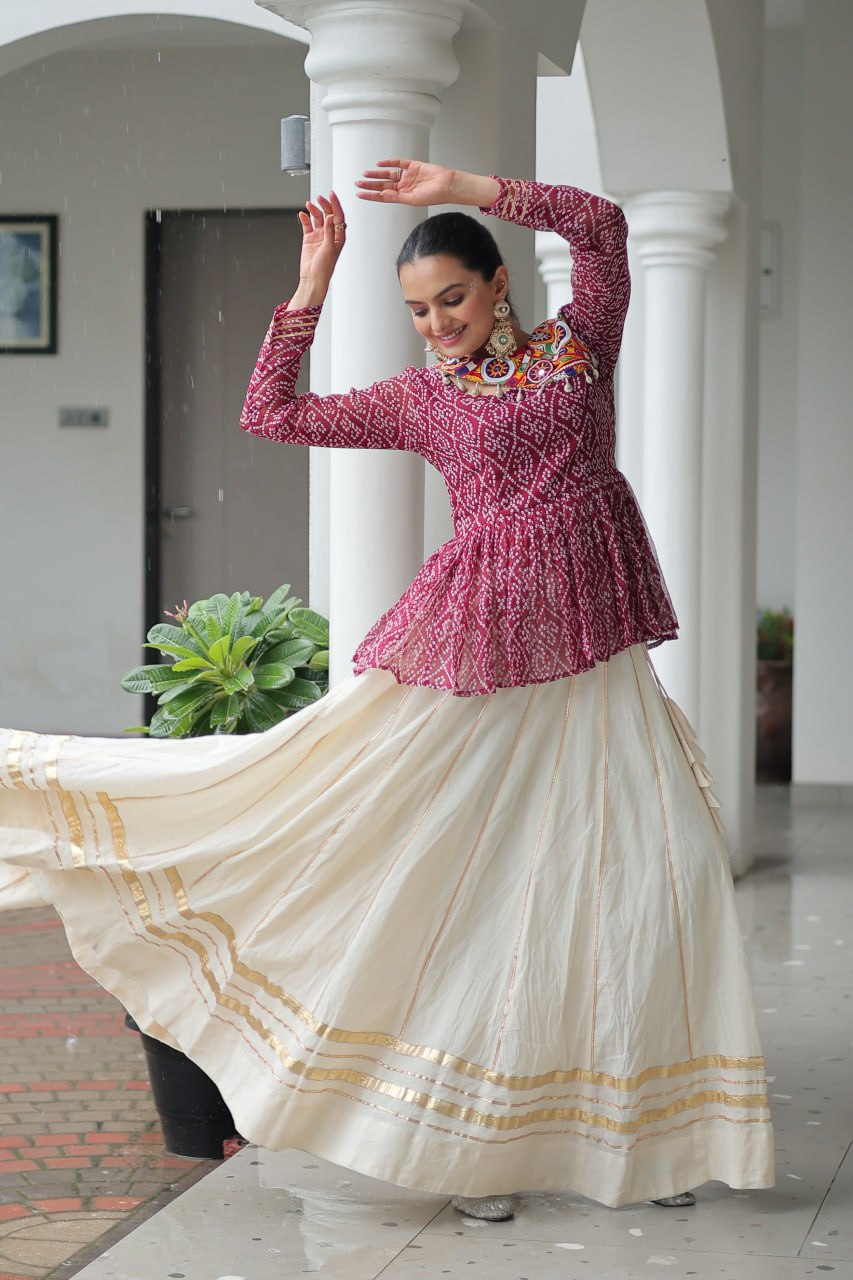 White color gamthi work lehenga with online
