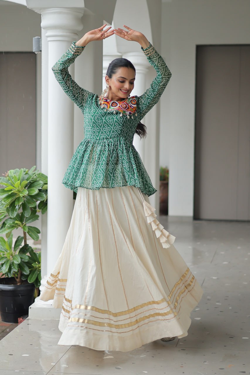 White color gamthi work ghagra choli for women