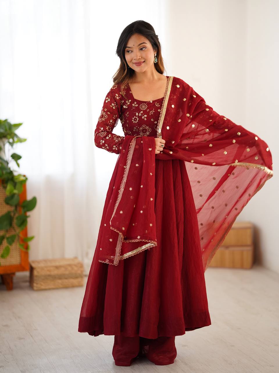 Rust crunchy silk gown for women