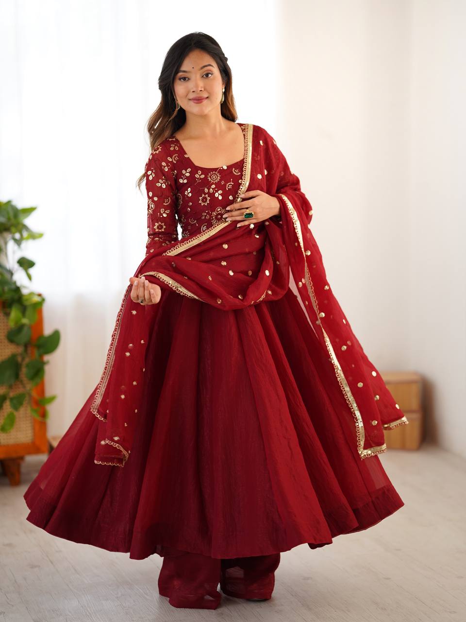 Rust color crunchy silk gown