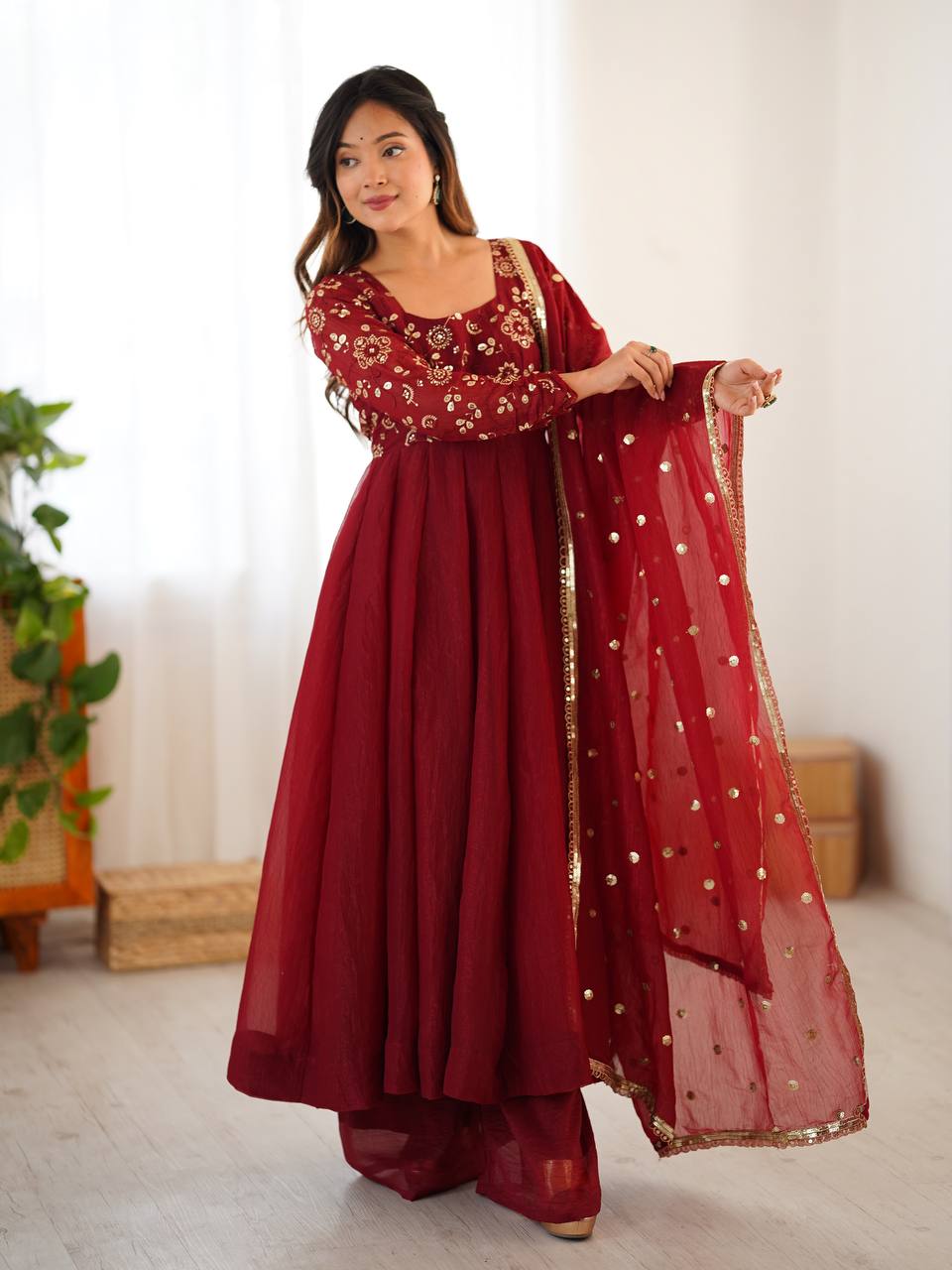 Rust color crunchy silk sharara suit
