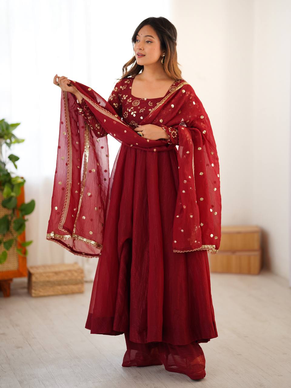 Rust embroidery work gown with dupatta