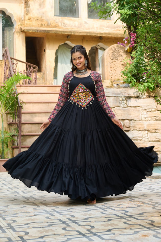 Black color rayon long gown with online