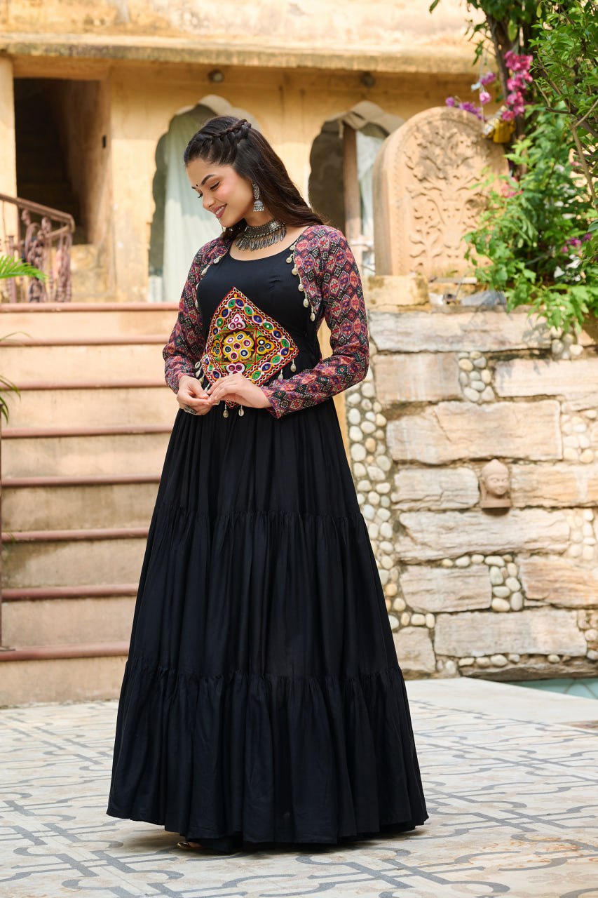 Gamthi work black rayon gamthi work gown