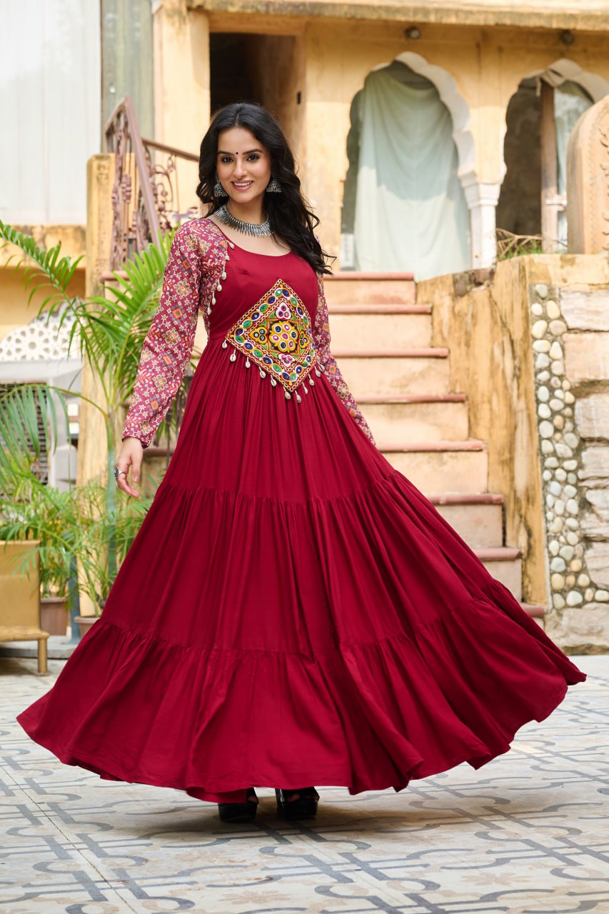 Maroon color navratri rayon gown for women price