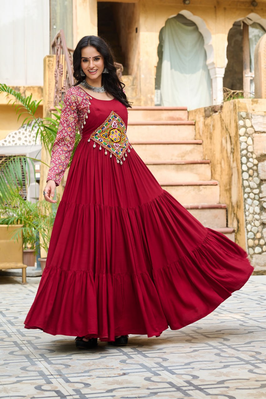 Maroon color rayon gown