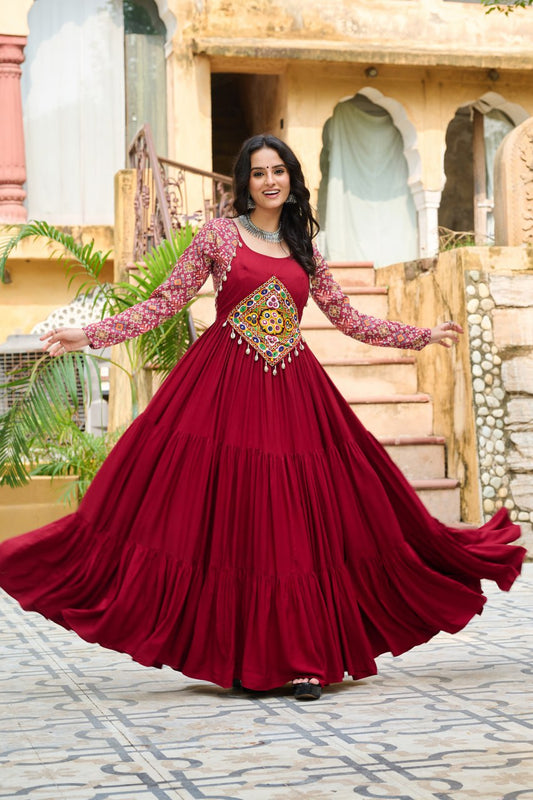Long sleeve maroon color rayon gown for women