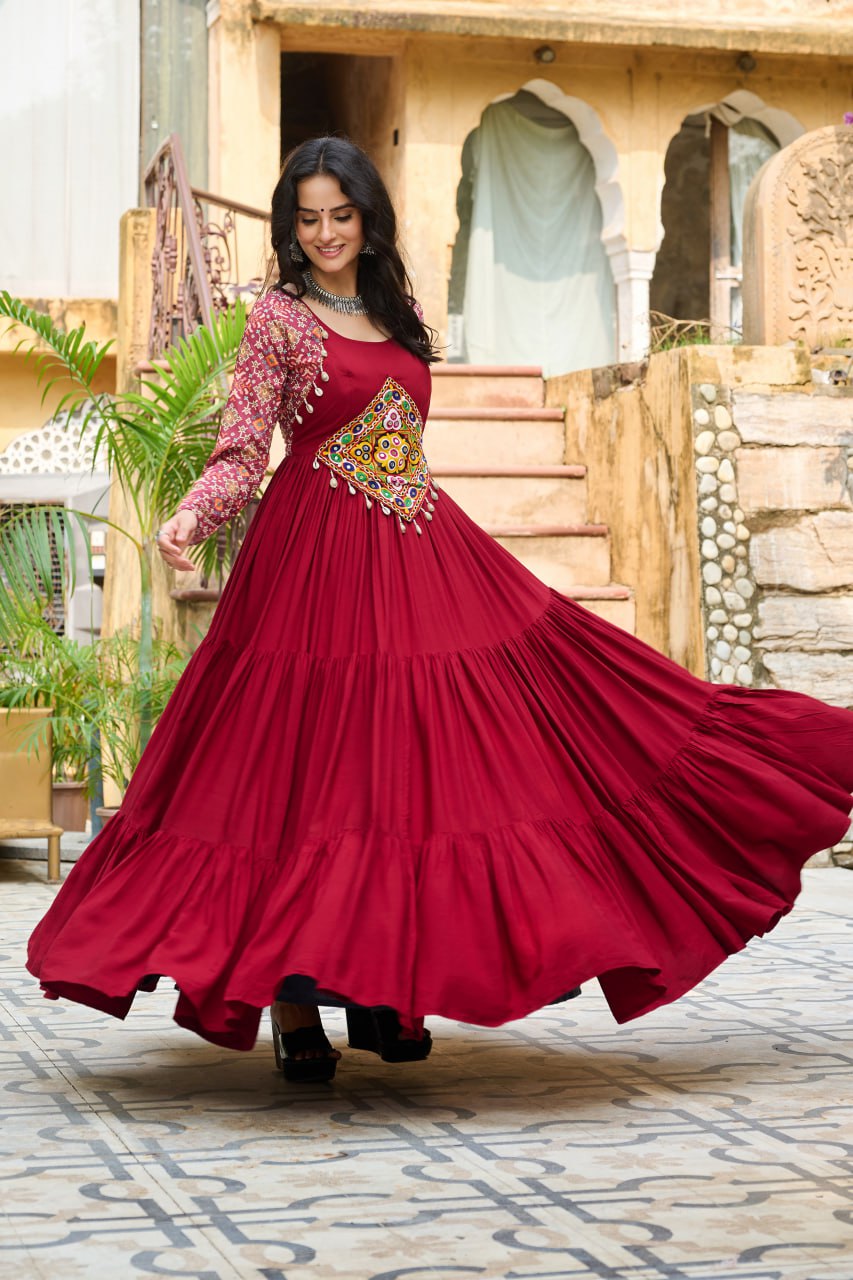 Maxi maroon color navratri rayon gown for women