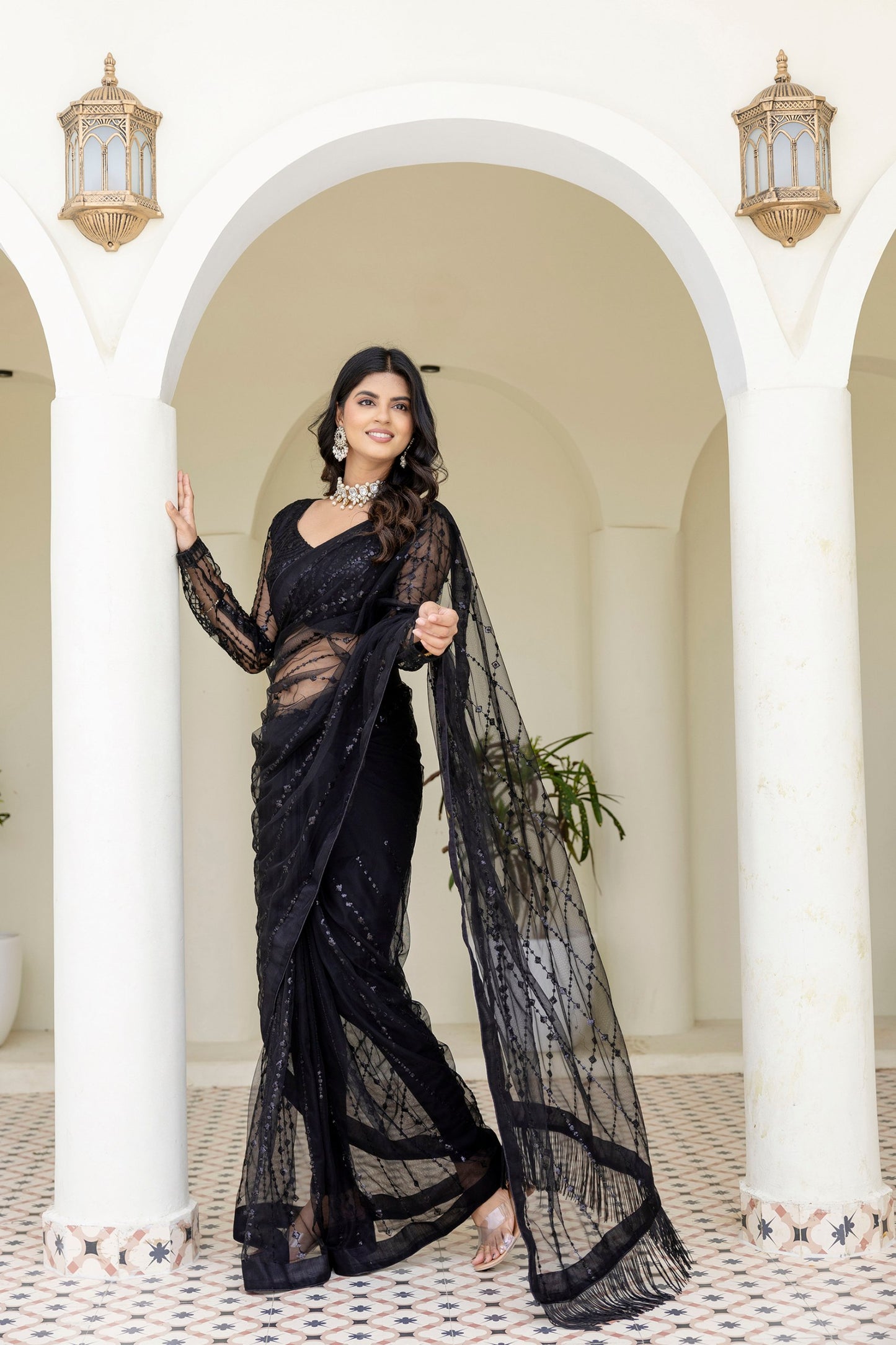 Black color net saree with blouse in USA