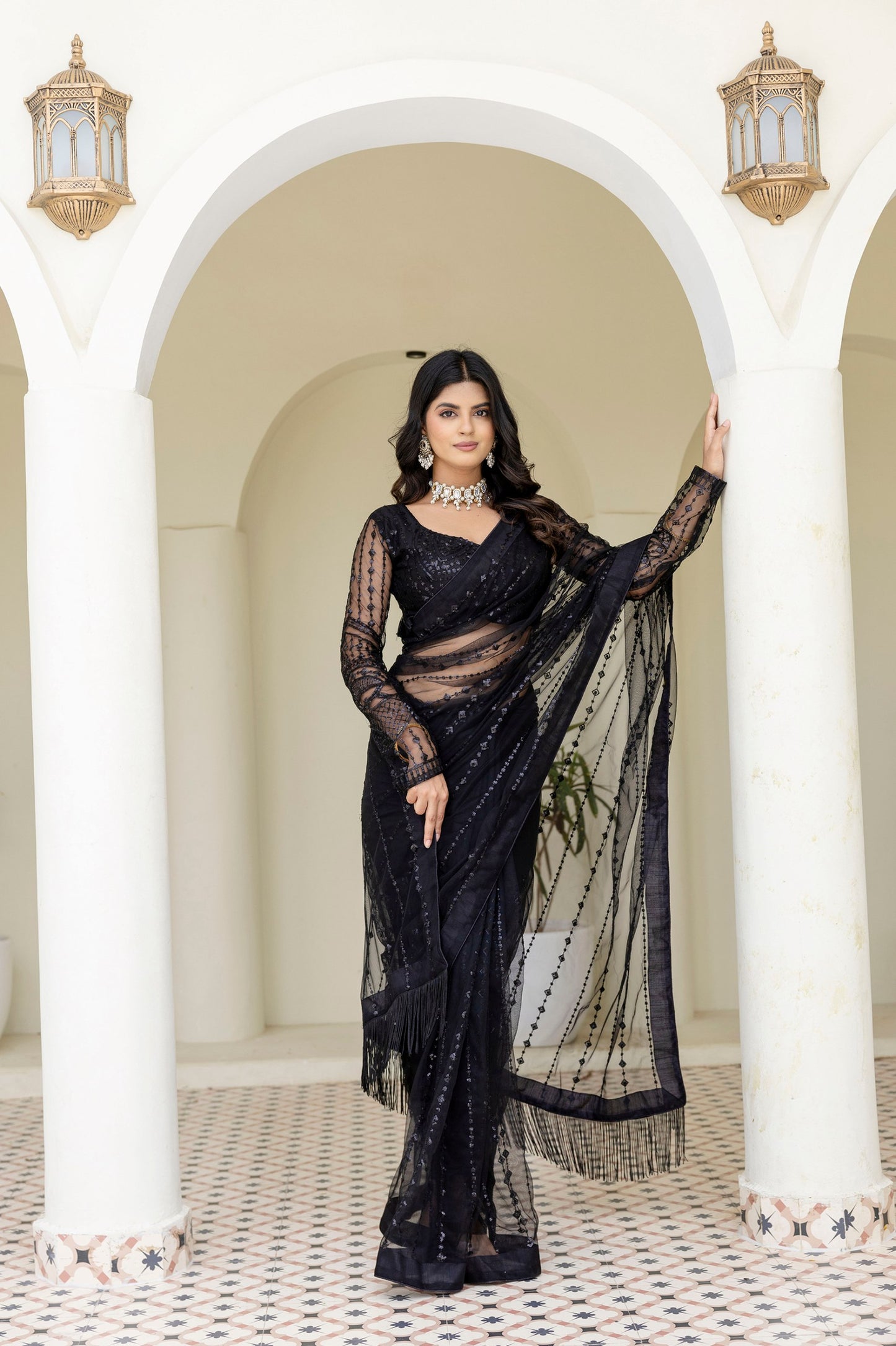 Black color embroidery work saree