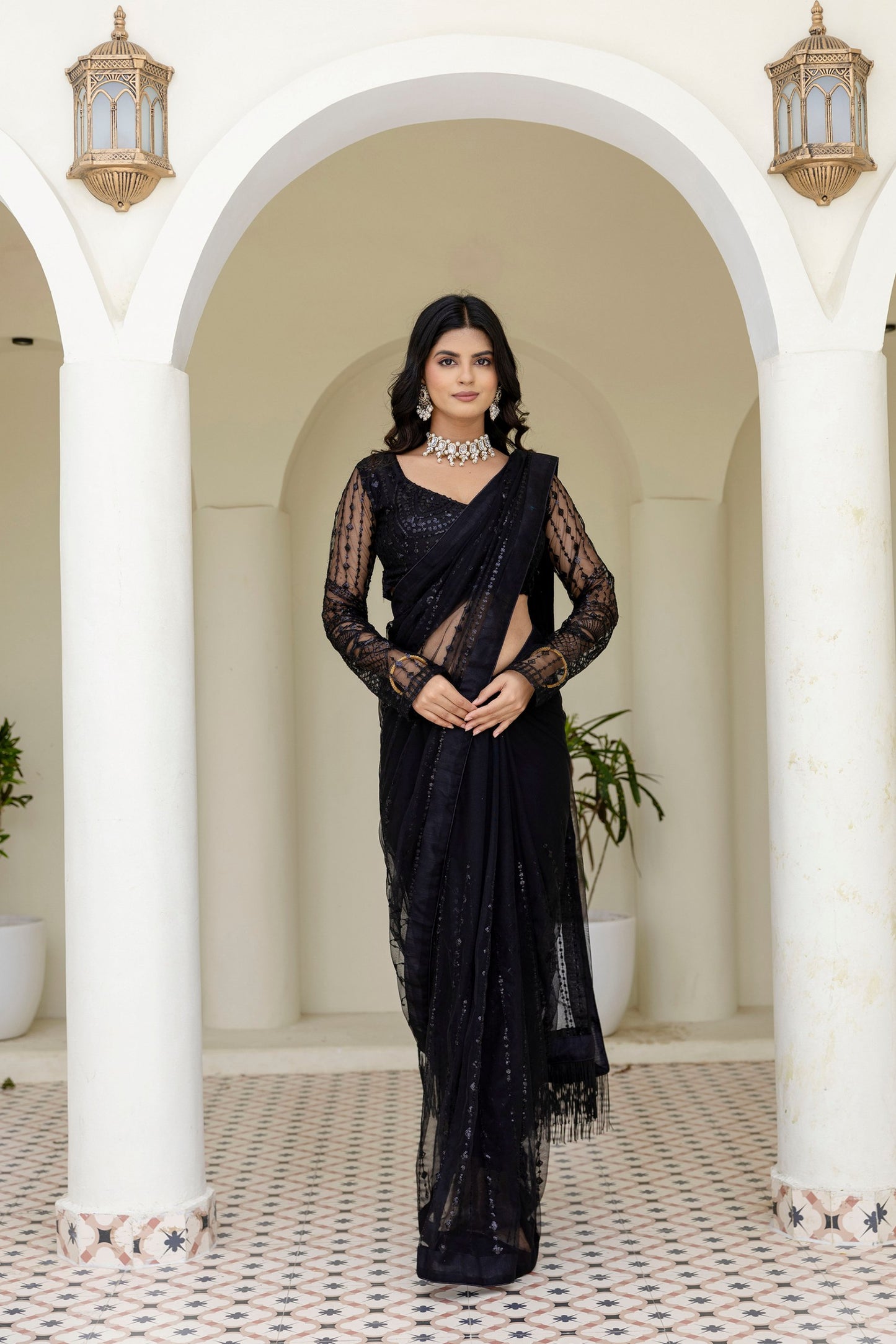 Black color Embroidery work sarees
