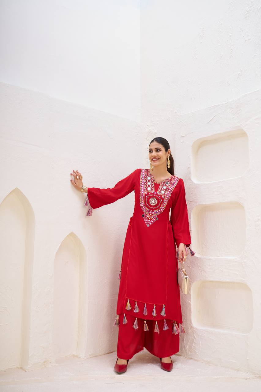 Red color rayon sharara suit
