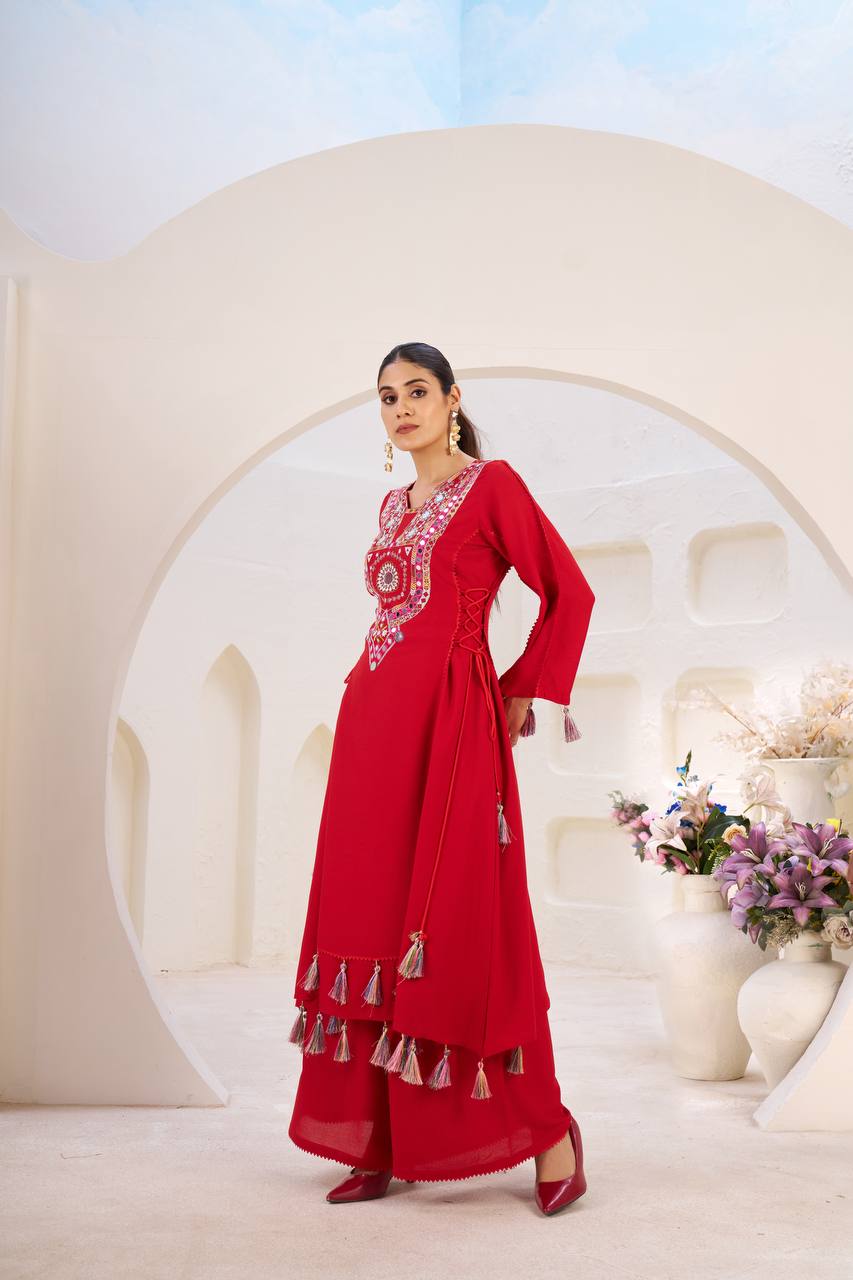 Navratri wear red color rayon sharara suit