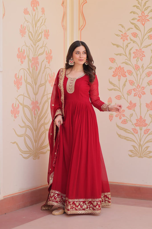 Red color embroidery work gown online