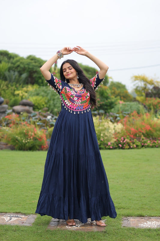 Blue color rayon gown for garba wear