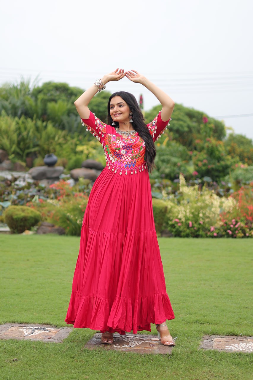 Long sleeve women pink color rayon long gown for navratri