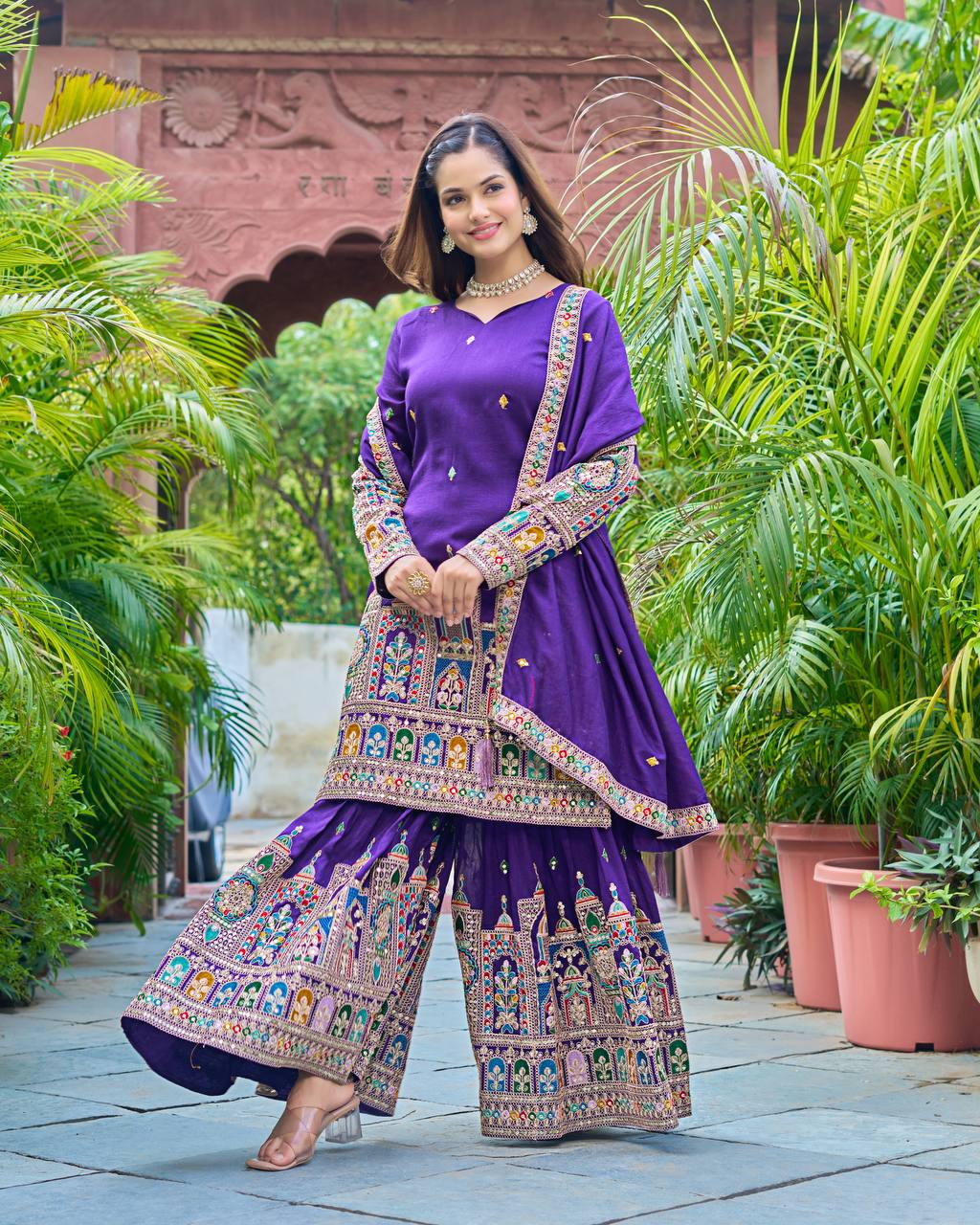 Purple color chinon silk sharara suit