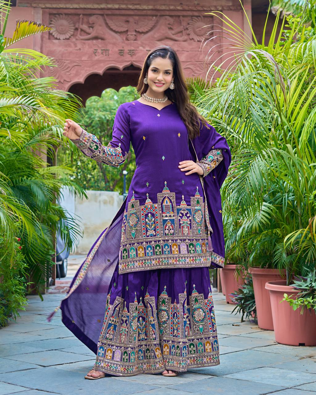 Purple embroidery work sharara suit for party